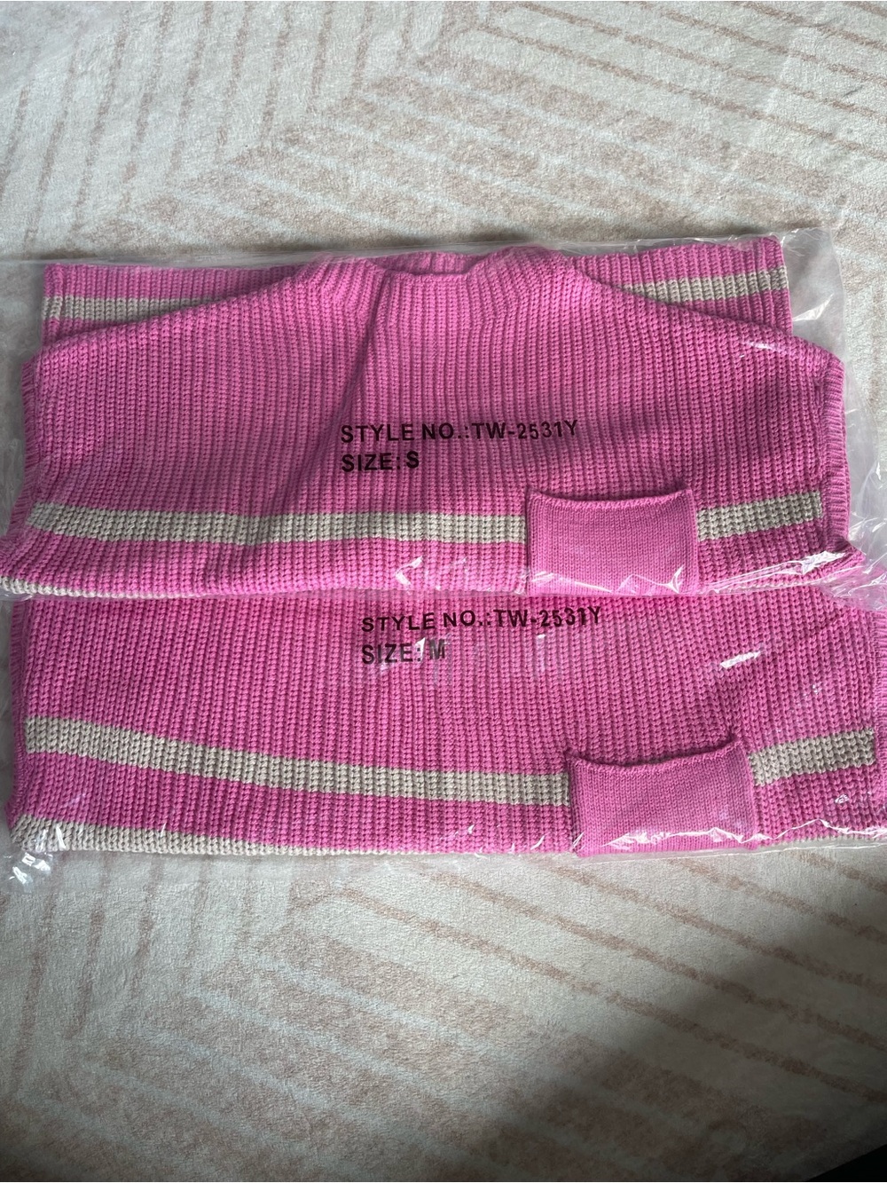 Zenana Striped Sweater Knit Pocket Top - Candy Pink & Cream - Picture 2 of 3